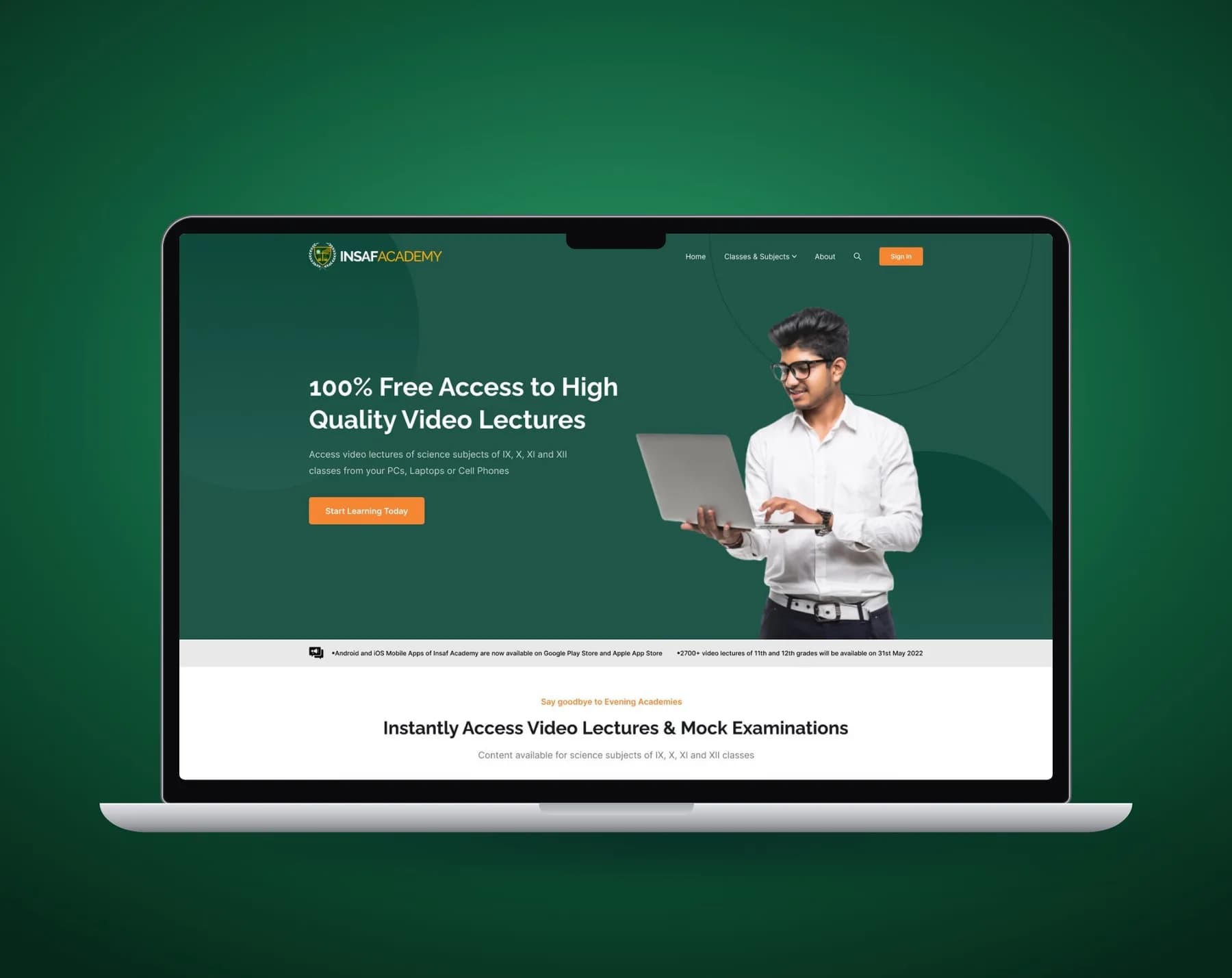 Insaf Academy landing page on a laptop