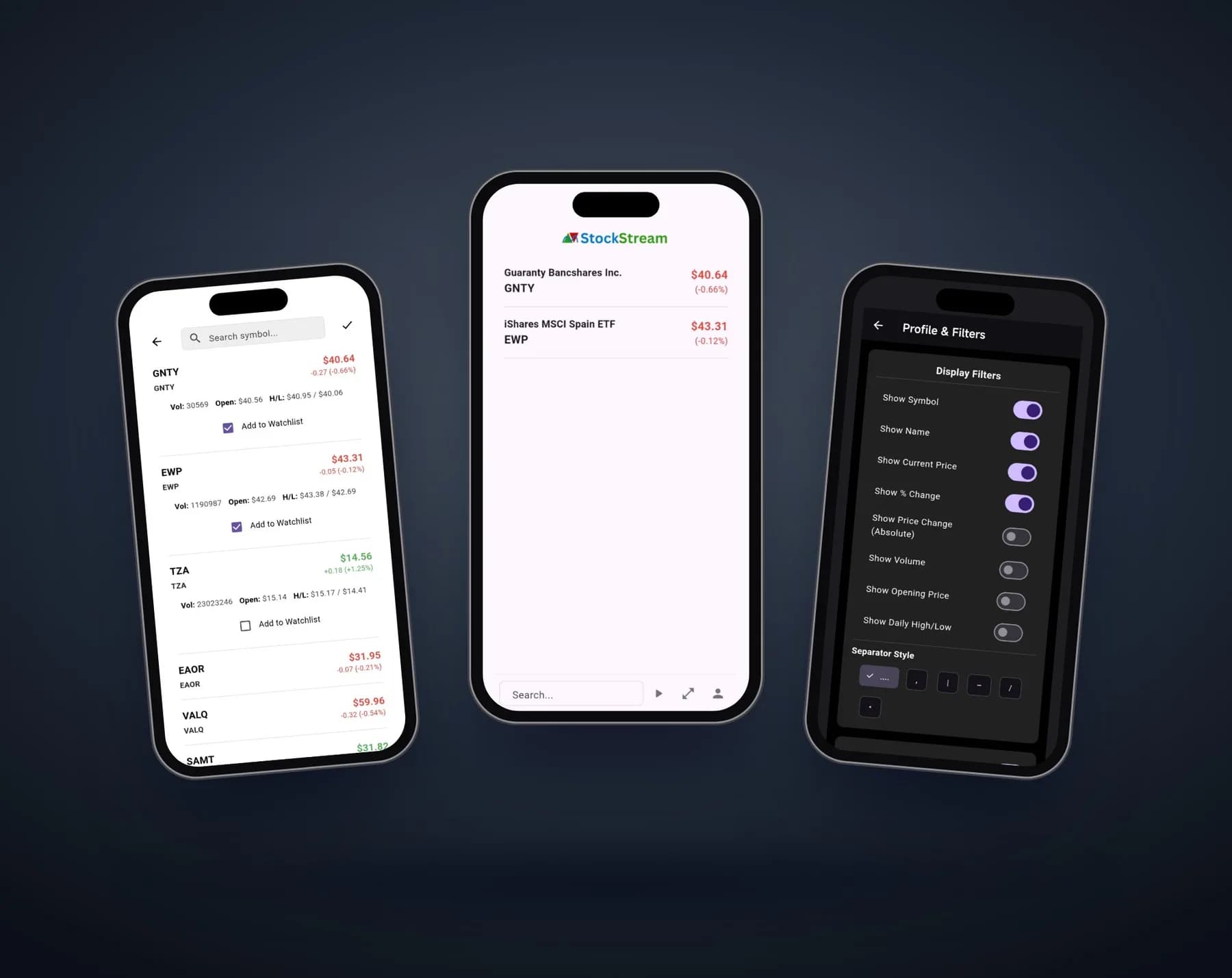 Stock Stream app screens: search, watchlist and display settings